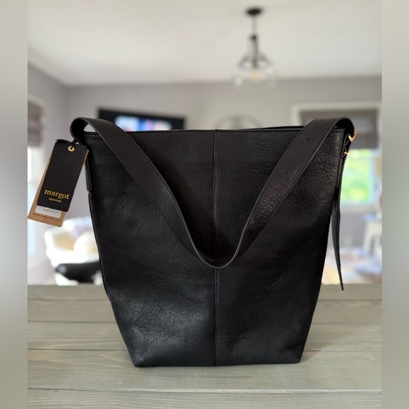 Margot New York Kaye Bucket Bag in Black, Leather, Lg Shoulder Purse Laptop Tote - Picture 5 of 9